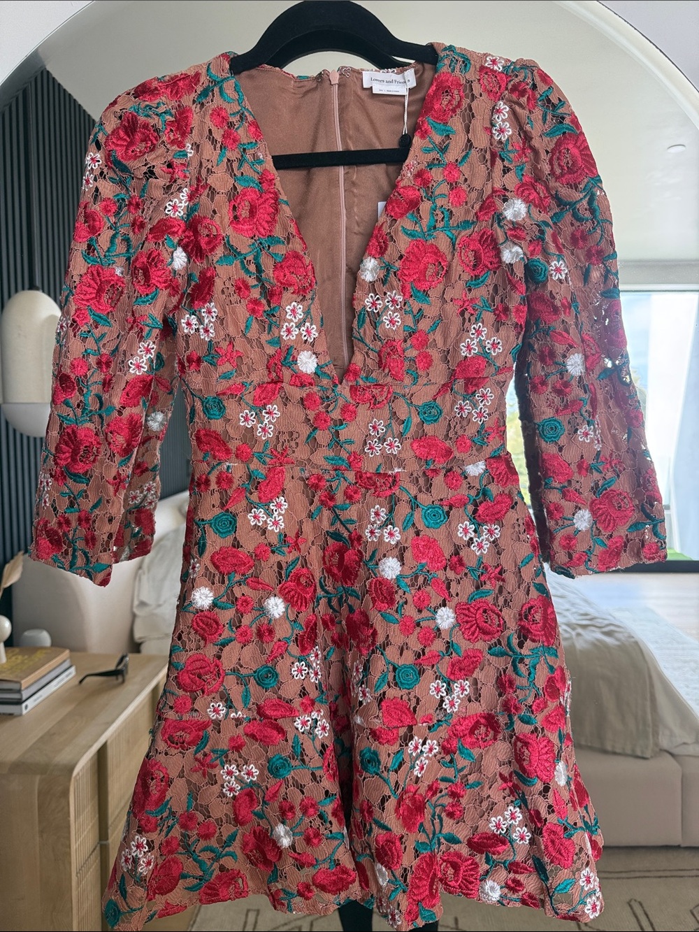 Lovers + Friends NWT Floral Embroidered V-Neck Mini Dress - Red & Green Flowers